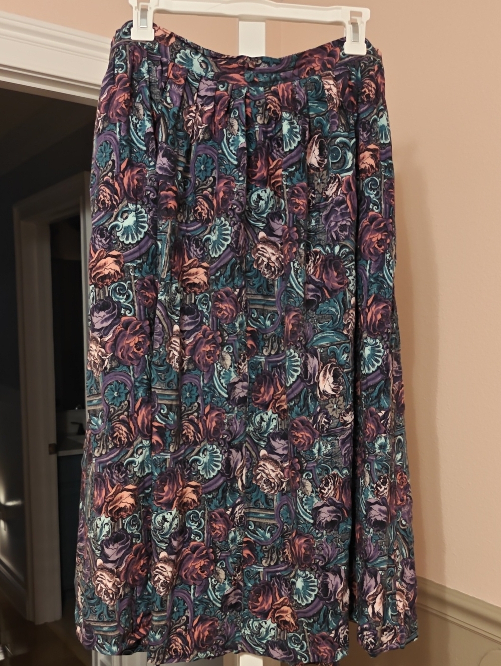 Vintage Floral Midi Skirt in Teal, Purple & Pink